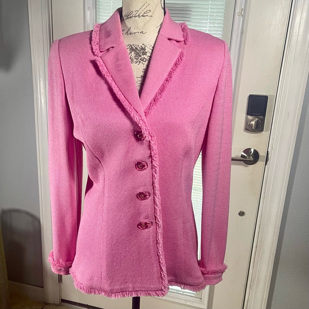 SOLD St. John Marie Gray Rare Y2K Santana Knit Hot Pink Logo Buttons Fringe - Picture 1 of 14